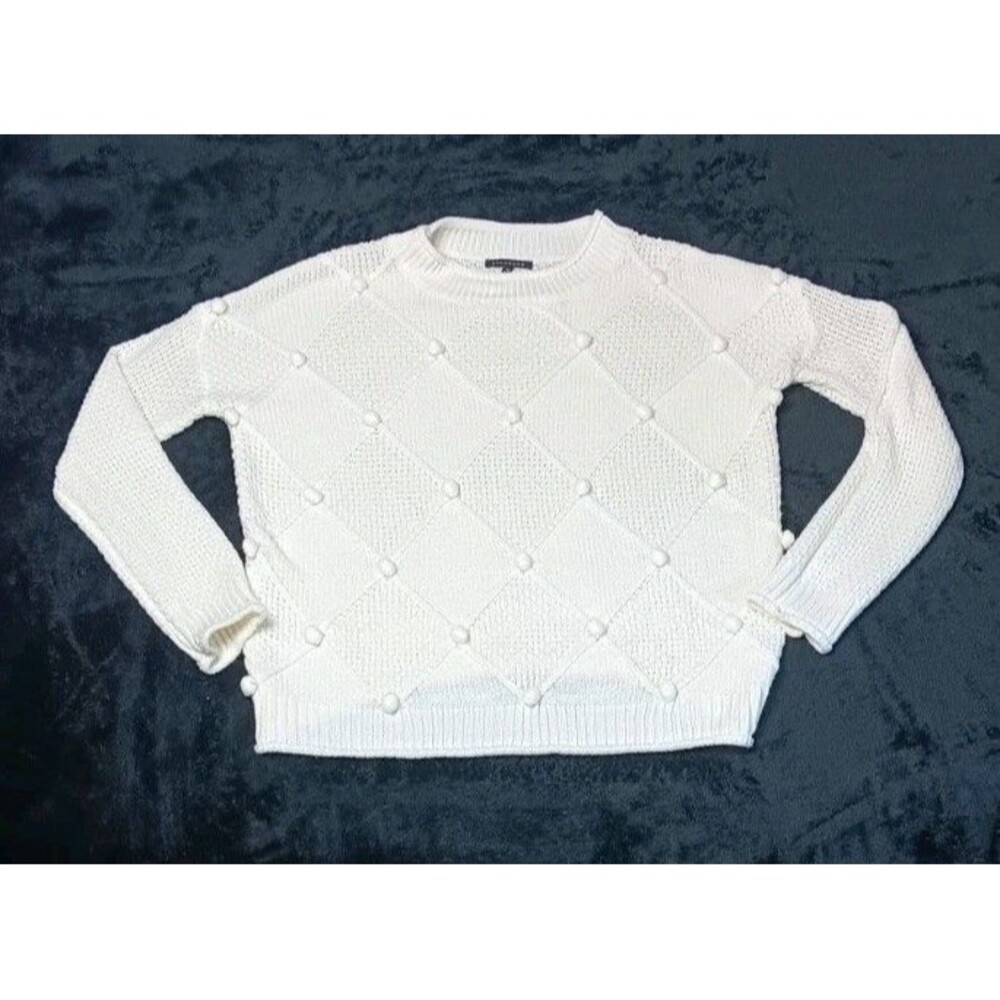 Staccato Bobble Pom Pom Knit Diamond Pullover Sweater M White Chunky Cozycore